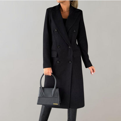 Manteau Long Classique en Laine avec Col Boutonné