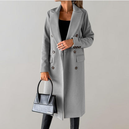 Manteau Long Classique en Laine avec Col Boutonné