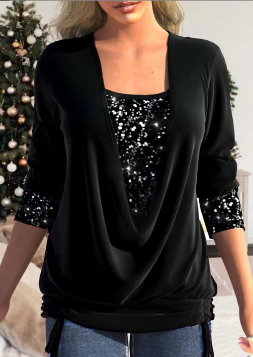 Chemisier Femme Pailleté Manches Longues Élégant