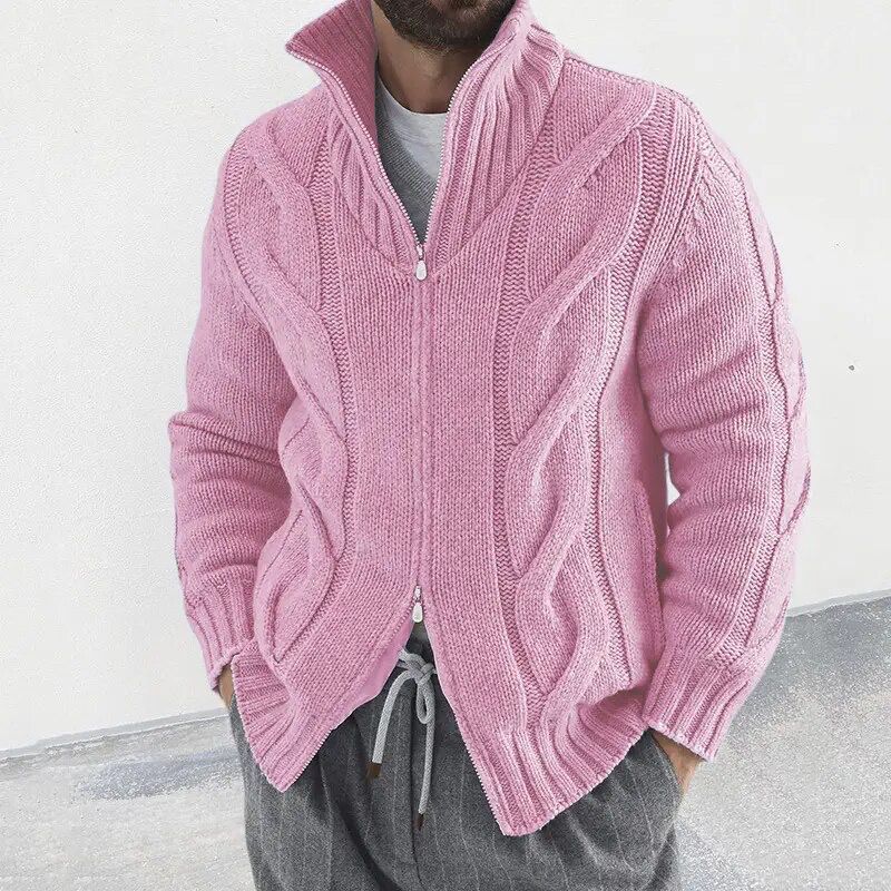 Cardigan Homme Hiver Zippé Manches Longues et Col Roulé