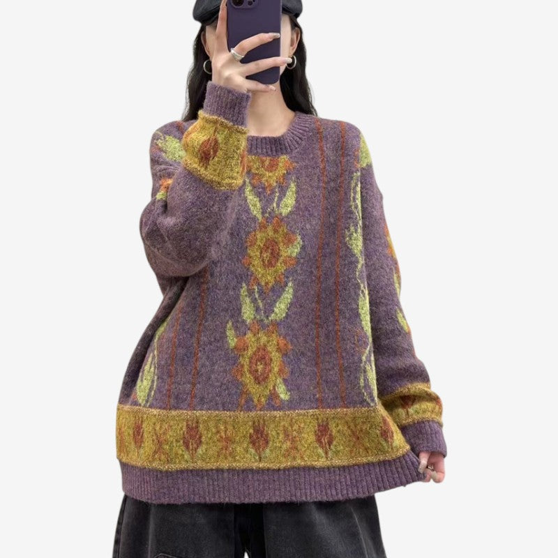 Pull Femme Fleur Imprimé Manches Longues - PanierRoyale