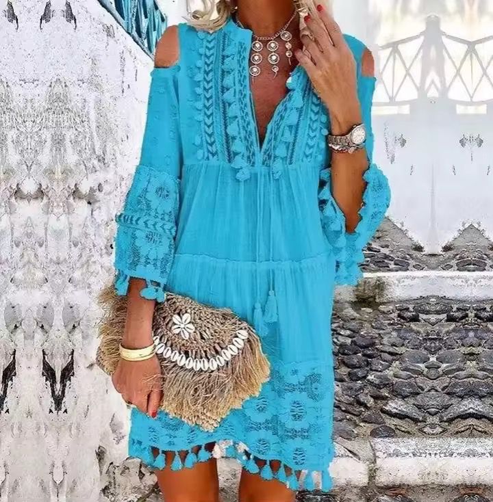 Robe Courte Femme Coton Brodée Coupe Bohème