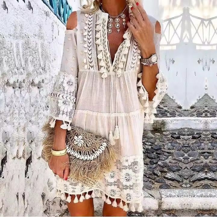 Robe Courte Femme Coton Brodée Coupe Bohème - PanierRoyale