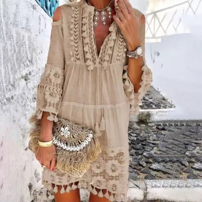Robe Courte Femme Coton Brodée Coupe Bohème