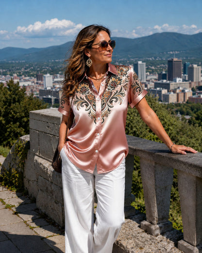 Blouse Femme Satinée Imprimé Floral Col Chemise Élégant - PanierRoyale