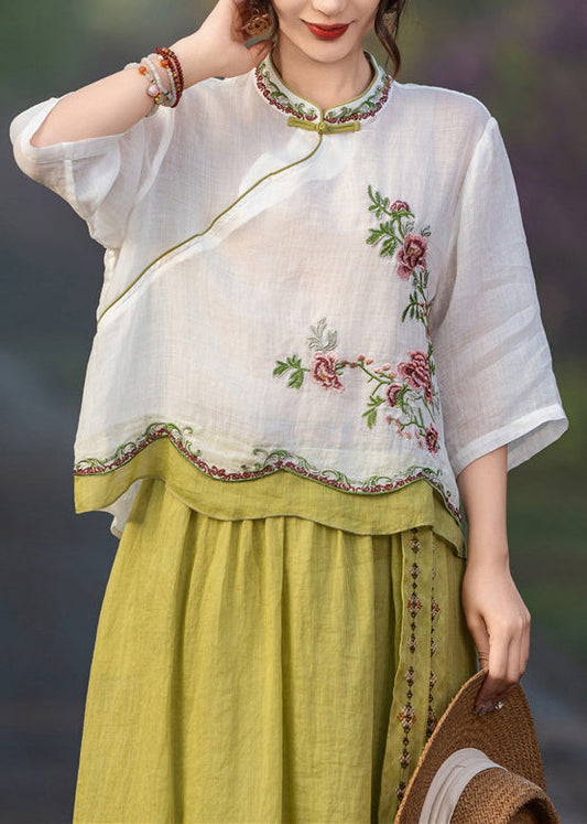 Blouses lin brodé blanc été pour femme - EasyApparels