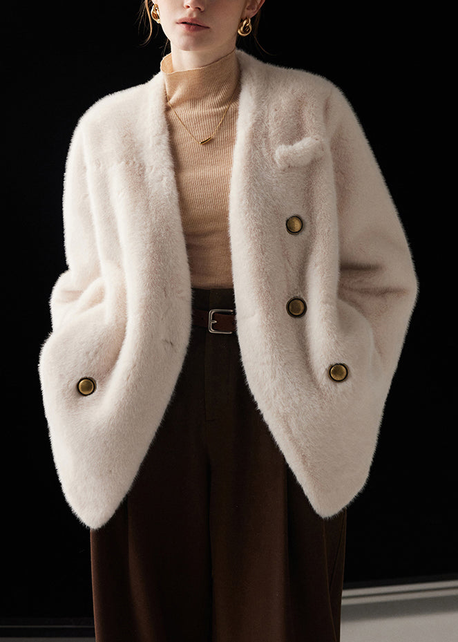 Parka hiver blanc à poches poitrine et col en V - EasyApparels