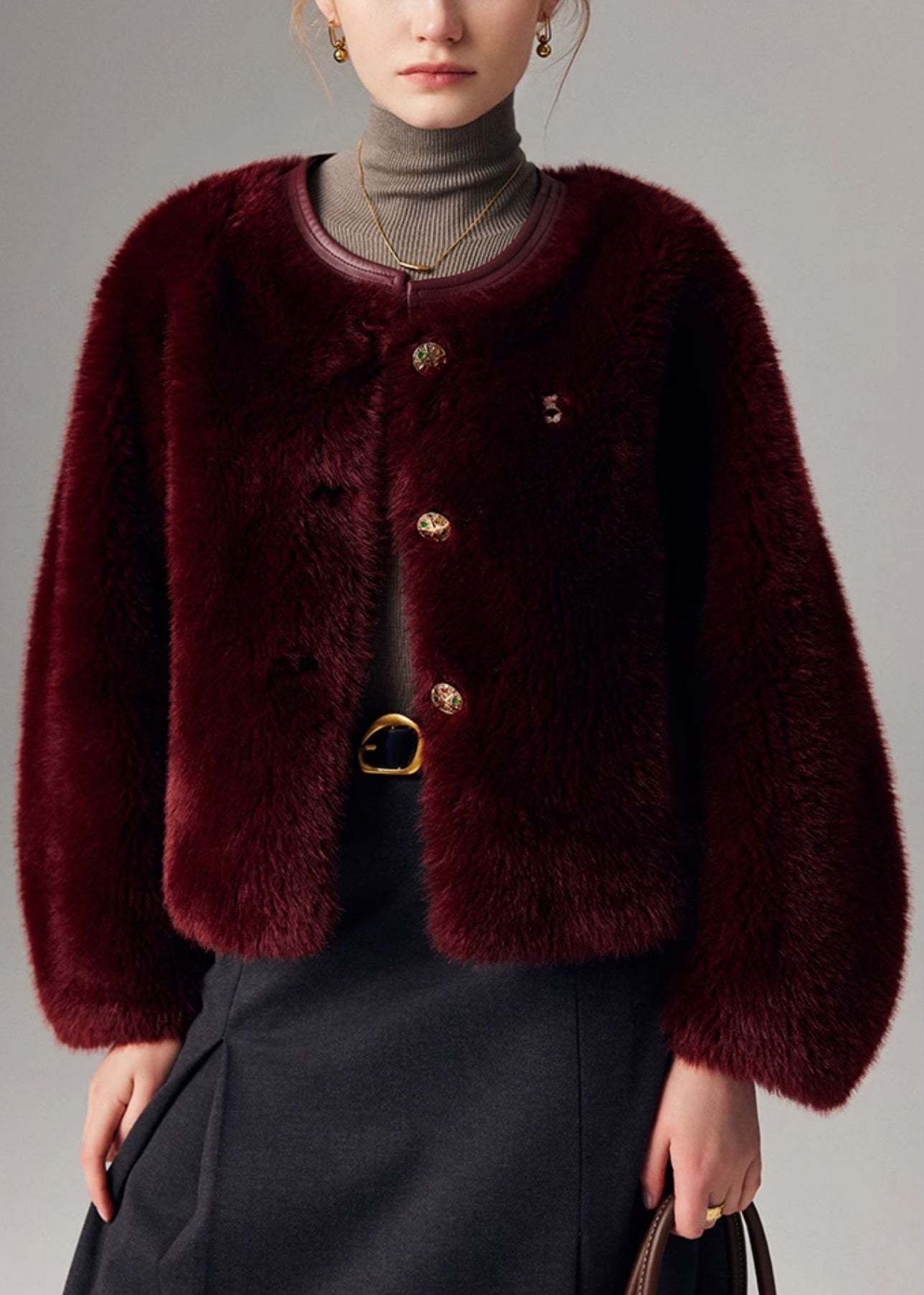 Manteau hivernal en cuir et fourrure rouge épais à fermeture boutons - EasyApparels