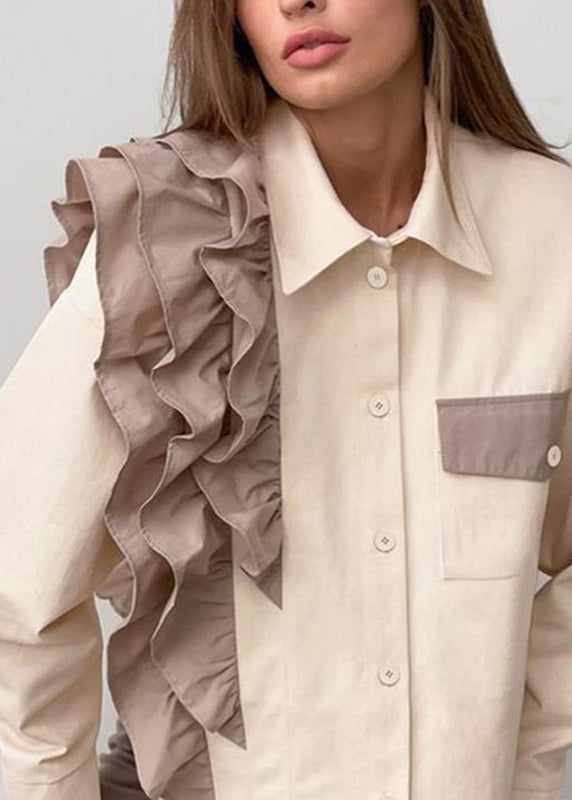 Femme Patchwork Ruffles Blouse Abricot Printemps - EasyApparels