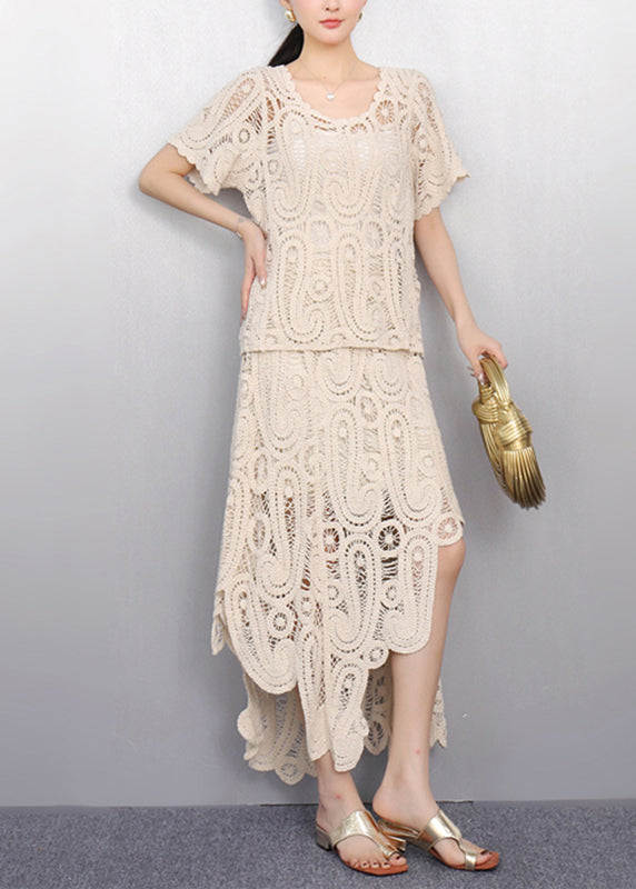 Beige Two Piece Outfit for Women, Lace Top and Midi Skirt - EasyApparels