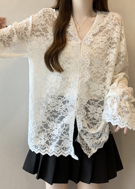 Femme Dentelle V Neck Lace Trim Blouse - EasyApparels
