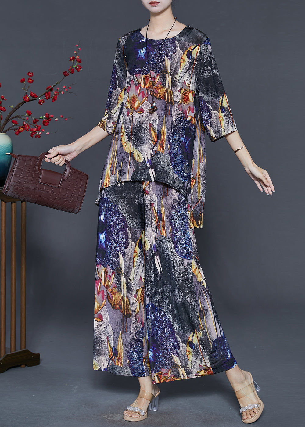 Robe deux pièces femme grande taille en soie noir imprimé - EasyApparels