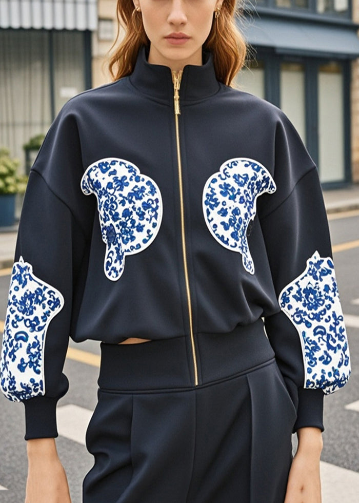 Doudoune noire en coton femme patchwork avec fermeture éclair - EasyApparels