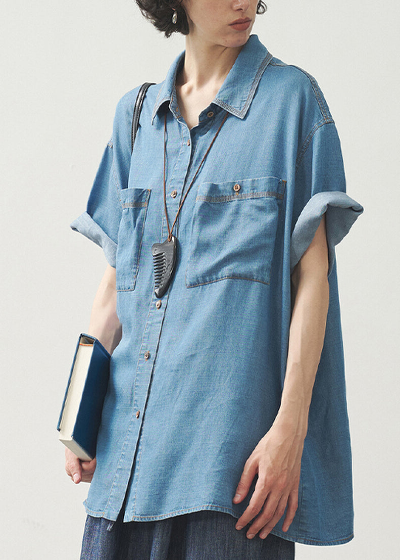 Femmes Jeans Bleu Col Rond Boutons Poches Chemise Décontractée - EasyApparels