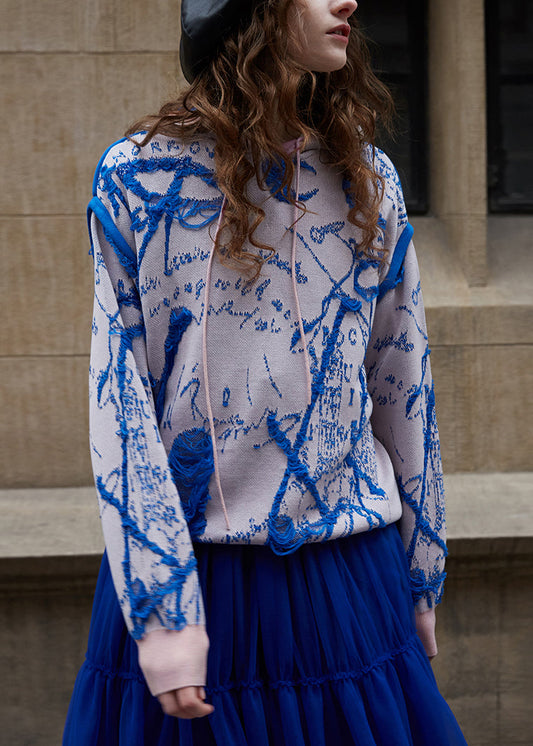 Femme Pullover Capuche Tricot Rose Bleu Hiver - EasyApparels