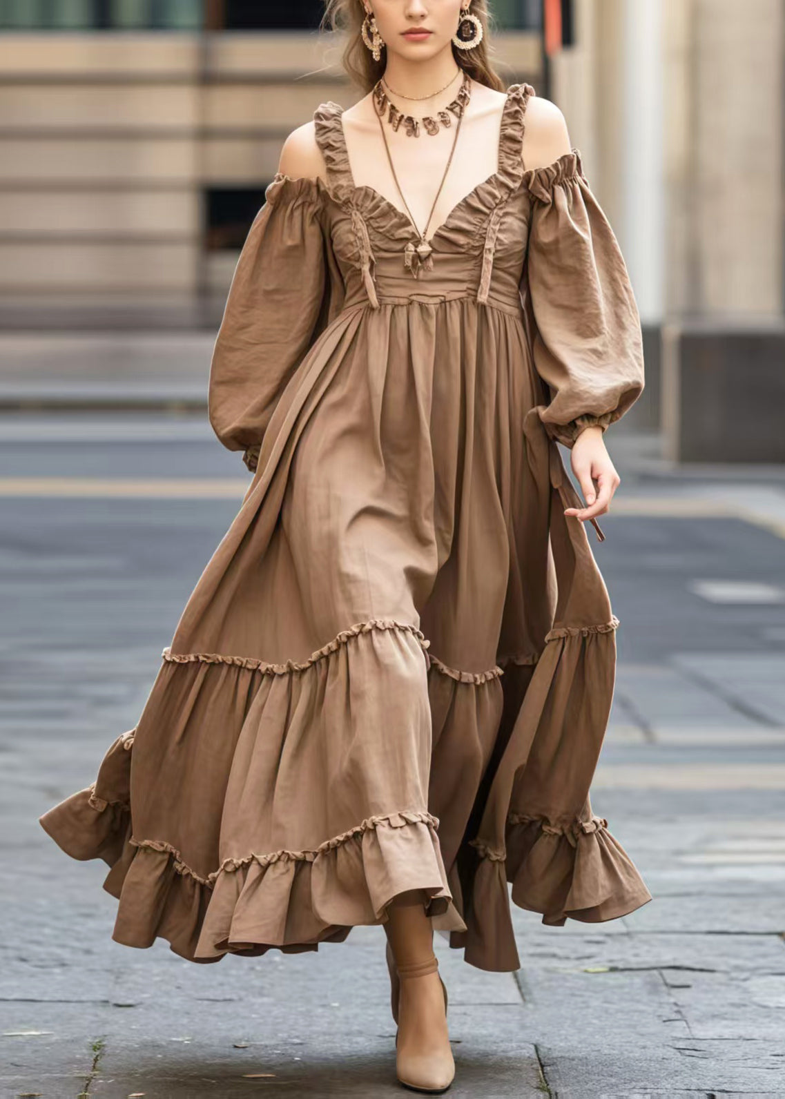 Robe femme élégante épaules nues et ourlet large café - EasyApparels