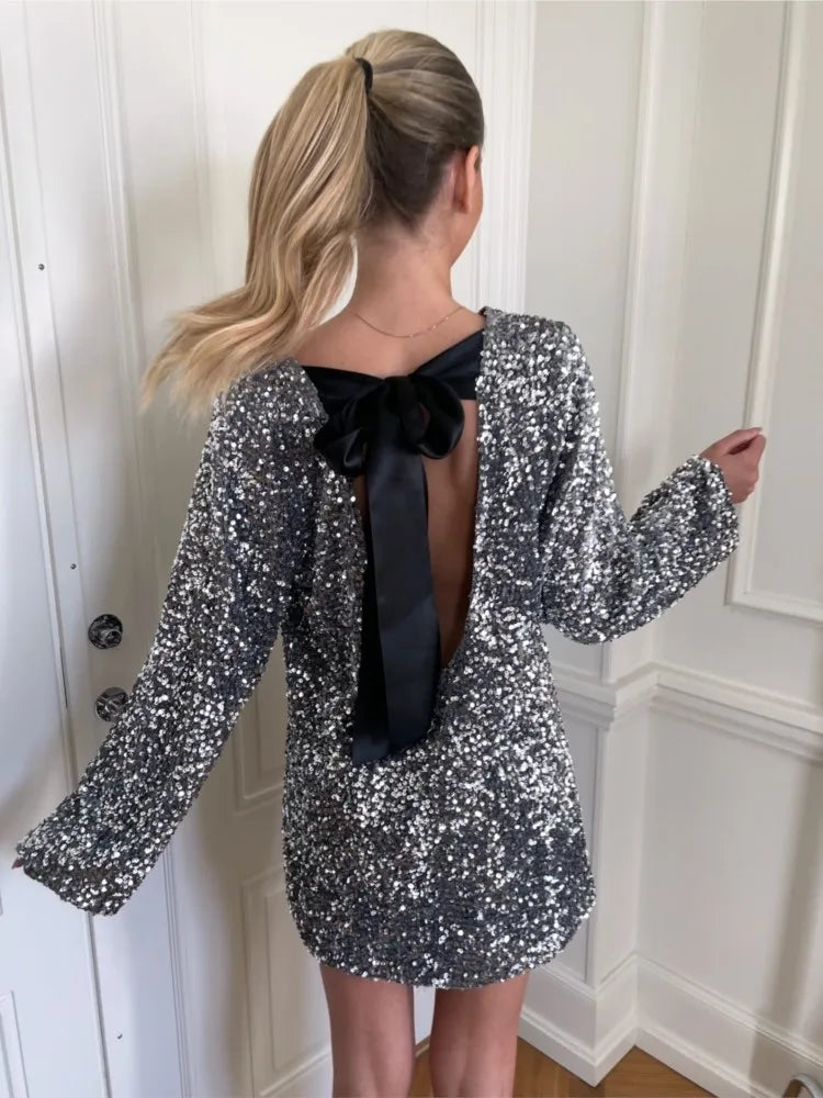 Robe de Soirée Féminine à Paillettes Noir Élégante