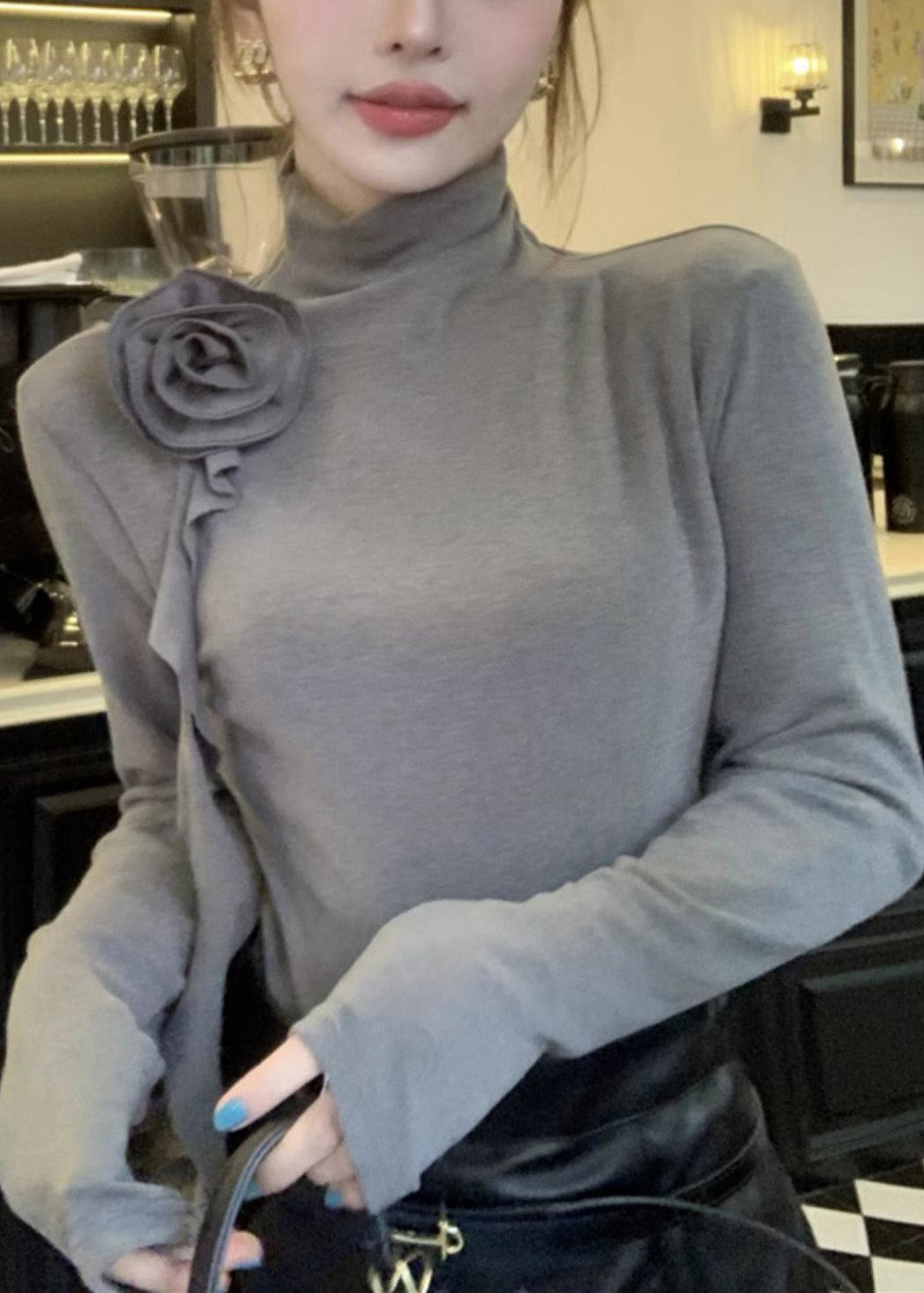 Chemises femmes coton gris col roulé fleurs hiver - EasyApparels