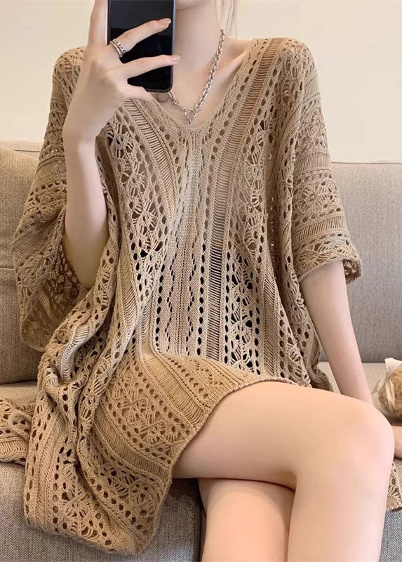 Femme Kaki V Neck Pullover Sweater - EasyApparels