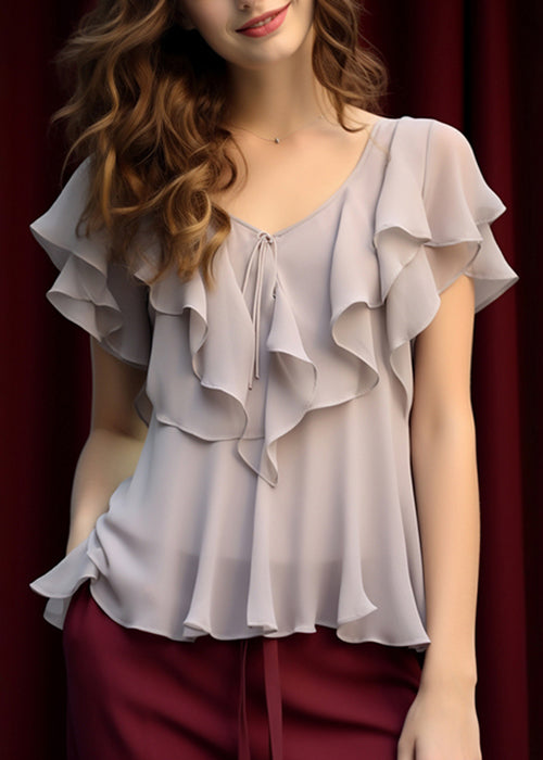 Femme Gris Clair Mousseline Volant Été Robe - EasyApparels