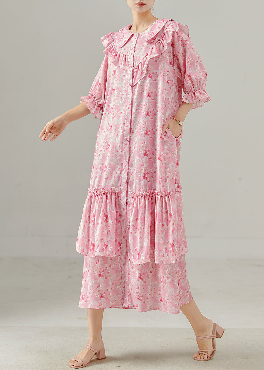 Femme Rose Silk Chiffon Ruffle Robe - EasyApparels