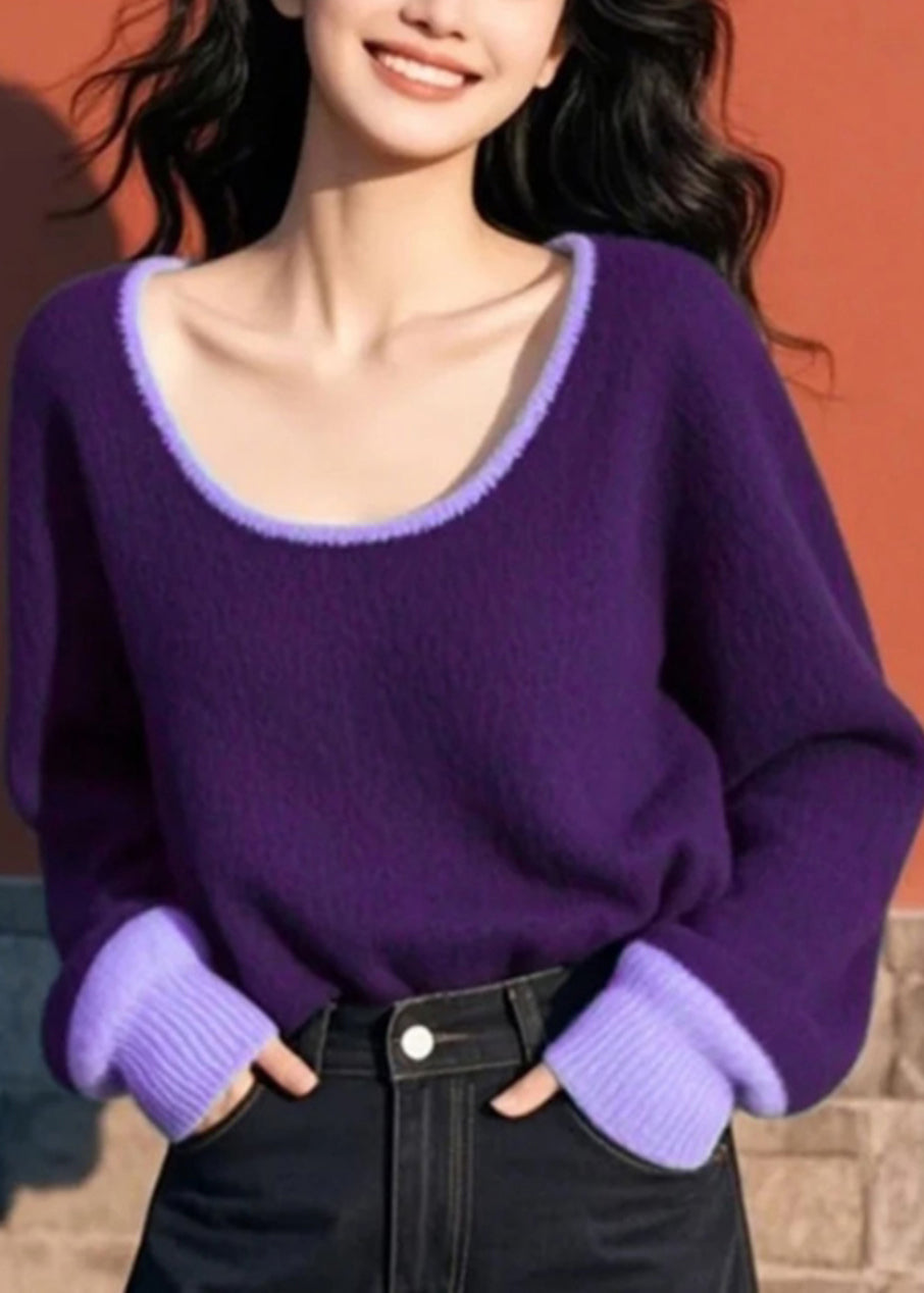 Pull en maille patchwork violet femme décontracté printemps - EasyApparels