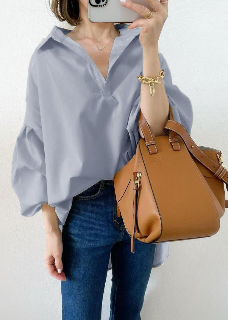 Femme Chemise décontractée coton bleu ciel à manches amples - EasyApparels