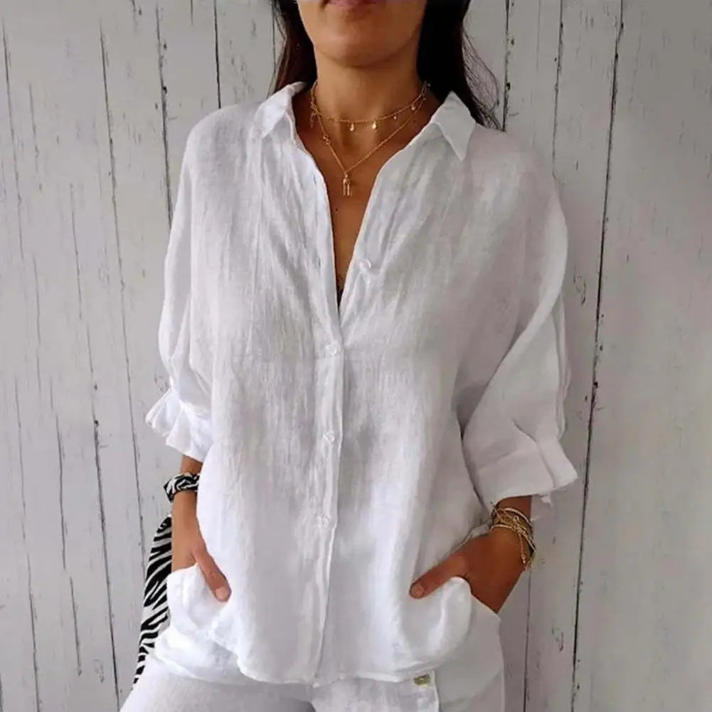 Chemise Femme Blanche en Lin Manches Longues Élégante - PanierRoyale