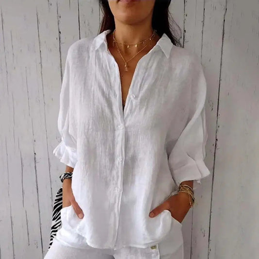 Chemise Femme Blanche en Lin Manches Longues Élégante - PanierRoyale