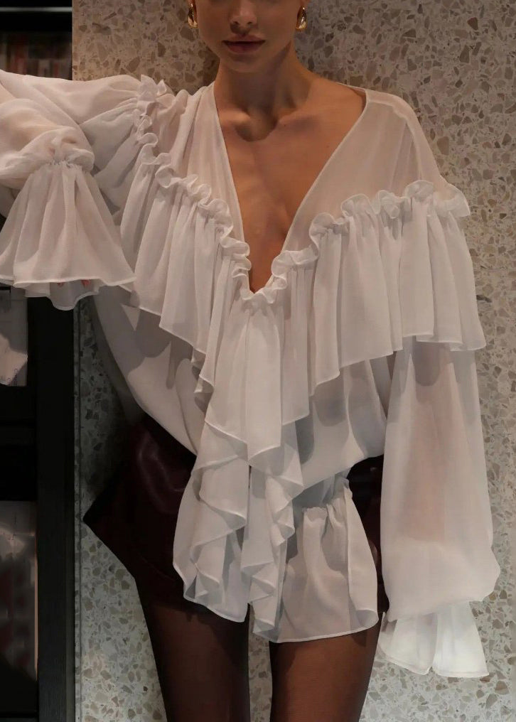 Femme Chemise en soie légère avec volants et décolleté V - EasyApparels