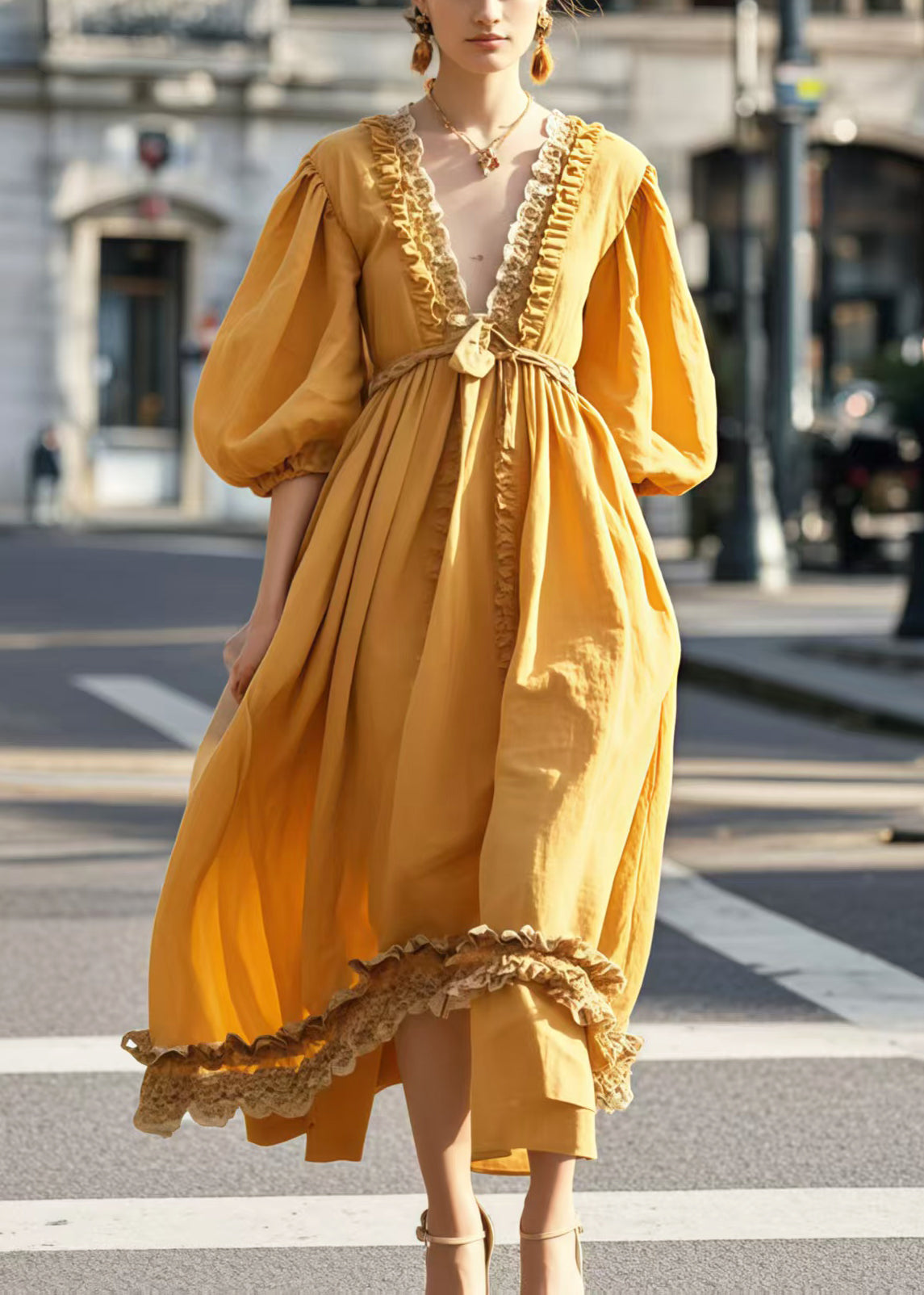 Robe soirée jaune coton féminine à manches lanternes - EasyApparels