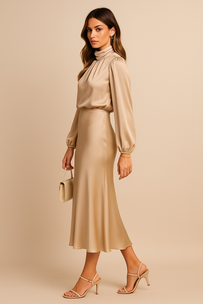 Robe Femme Manche Longue Col Montant Mi-Longue