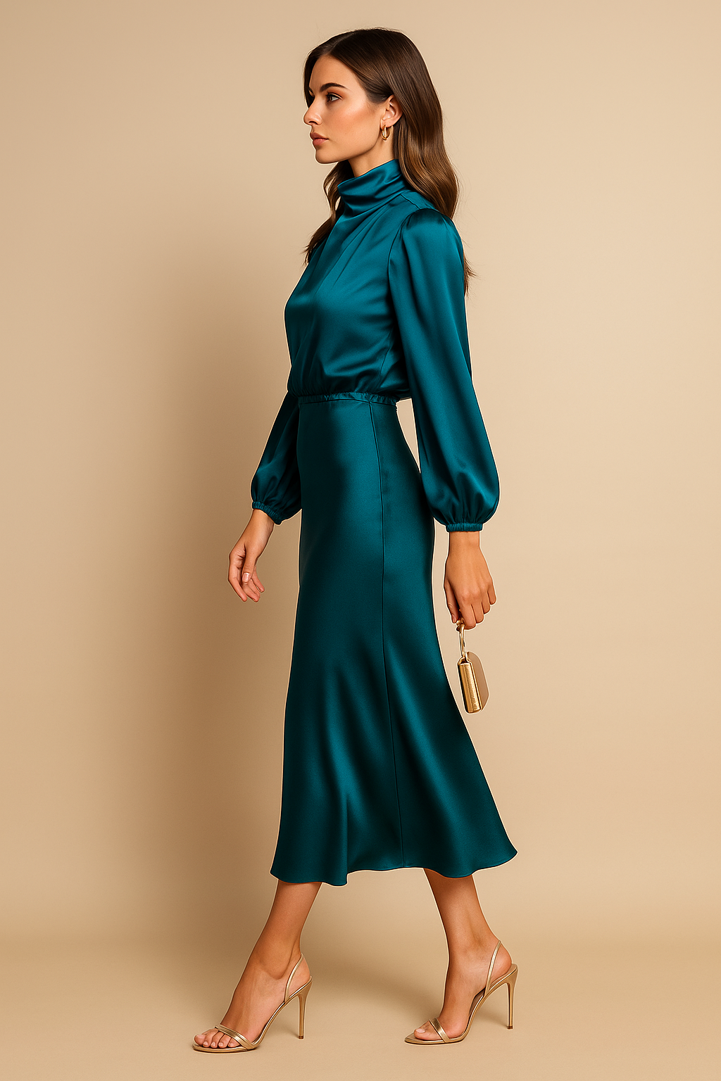 Robe Femme Manche Longue Col Montant Mi-Longue