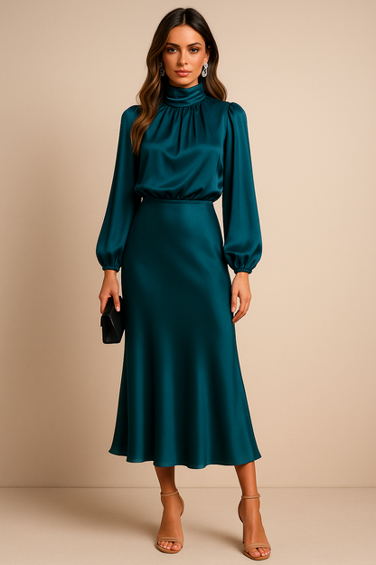 Robe Femme Manche Longue Col Montant Mi-Longue