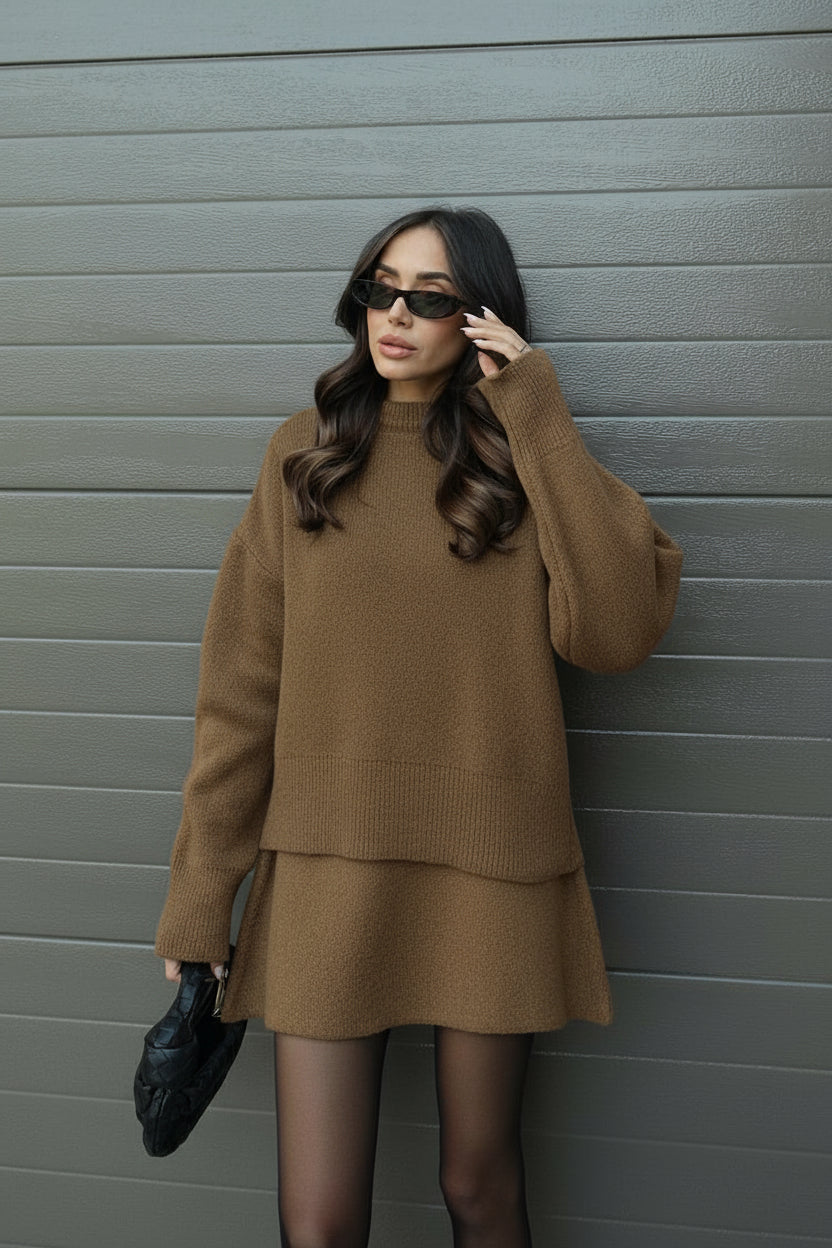 Pull à Manches Longues Femme et Jupe Ensemble