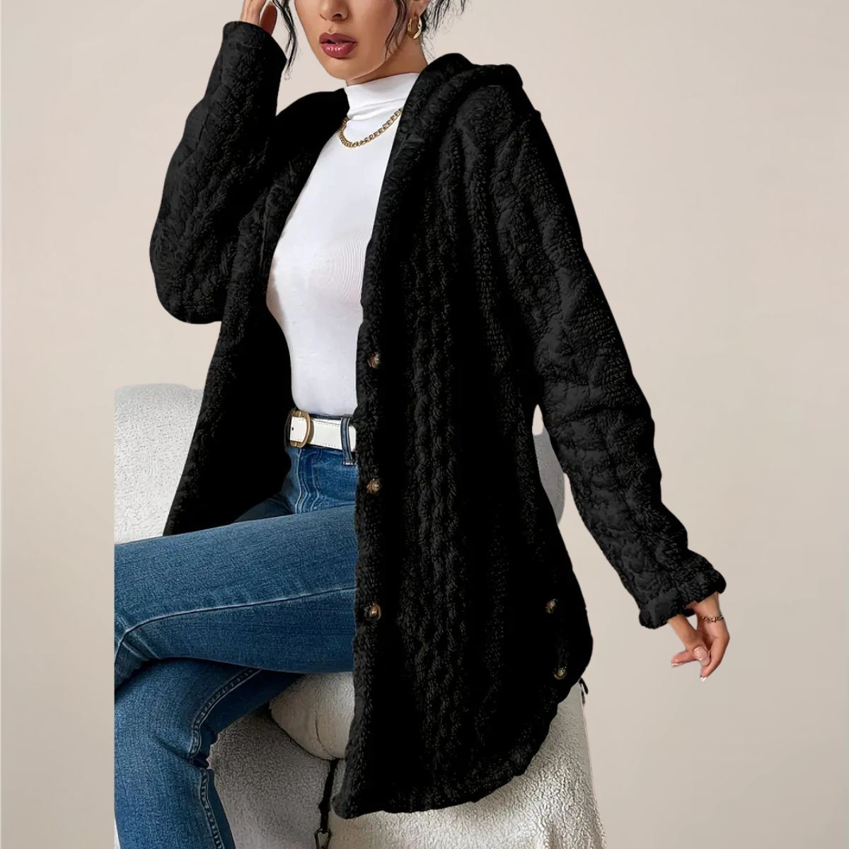 Blouson femme long à capuche avec effet textures