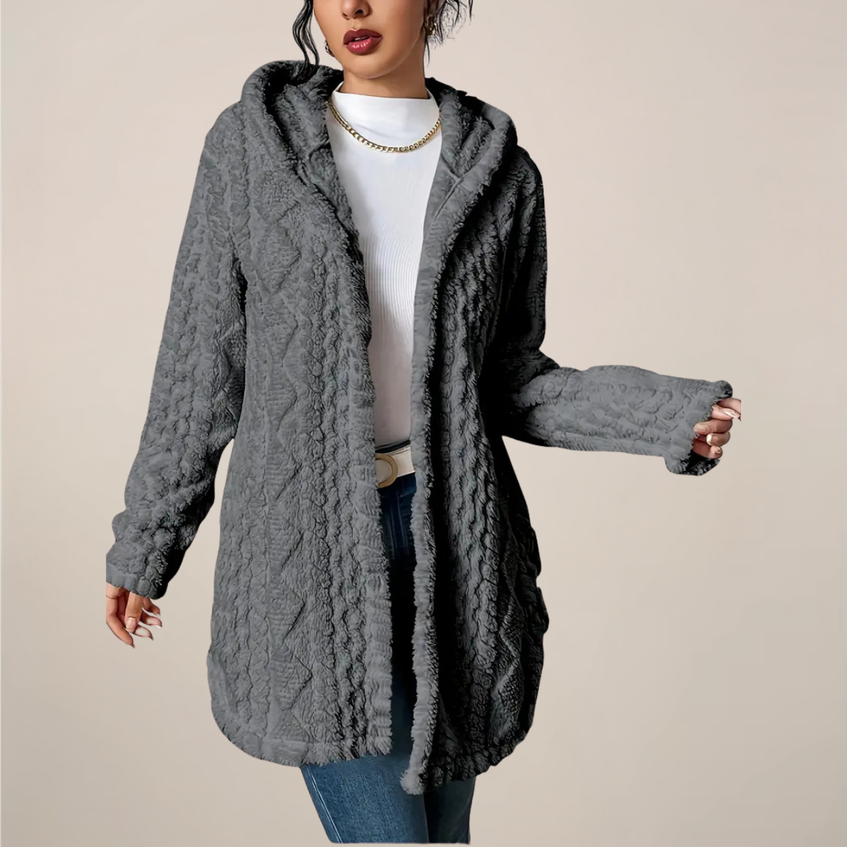 Blouson femme long à capuche avec effet textures - BerlinGlamour