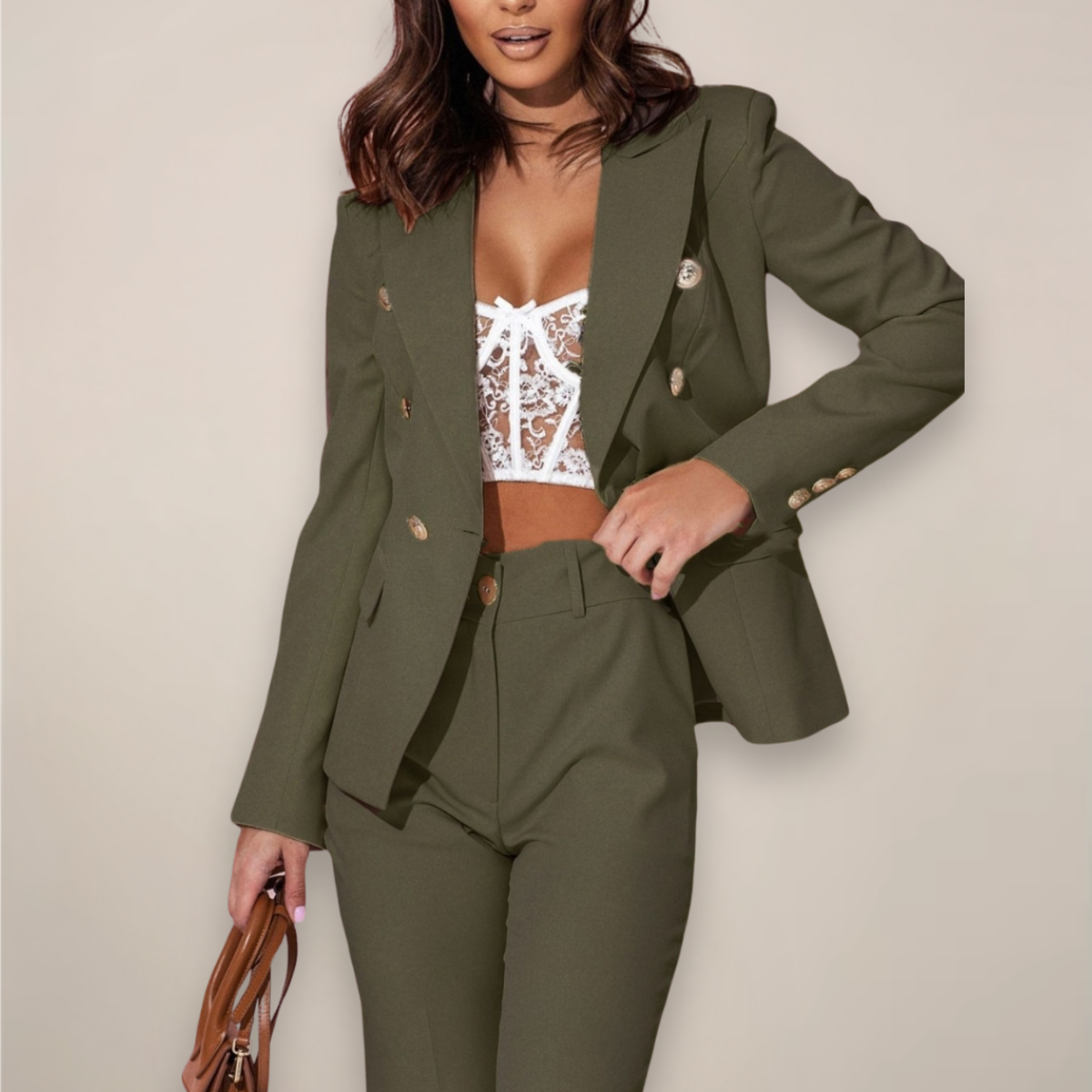 Costume Femme 2 Pièces Vert Khaki Chic