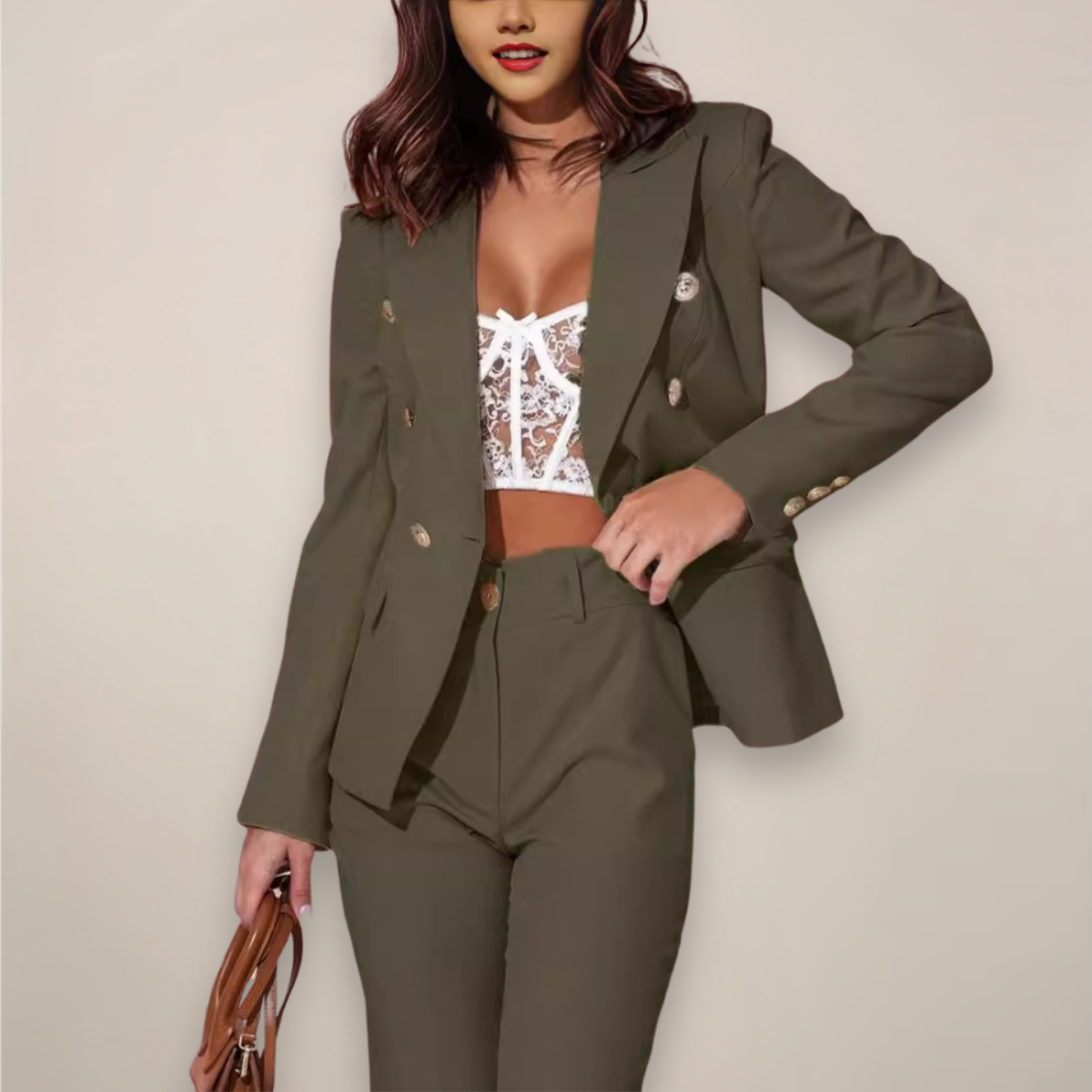 Costume Femme 2 Pièces Vert Khaki Chic - PanierRoyale