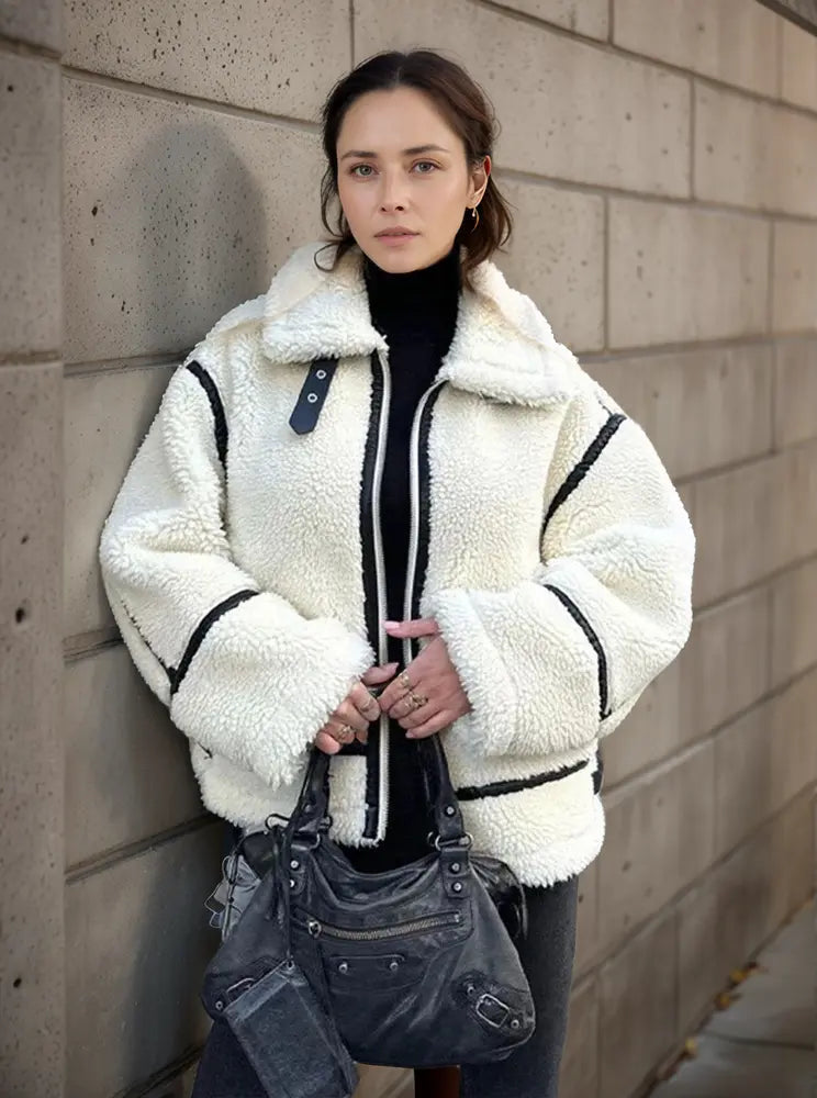 Veste en cuir avec col en fausse fourrure et effet color block - BerlinGlamour