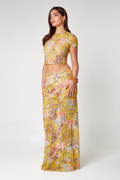 Ensemble Femme Haut Court et Jupe Longue Imprimé Fluide