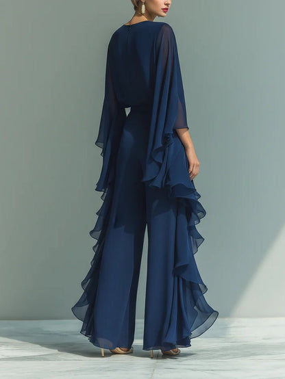 Ensemble Femme Chiffon Fluide Manches Évasées Volants Élégante