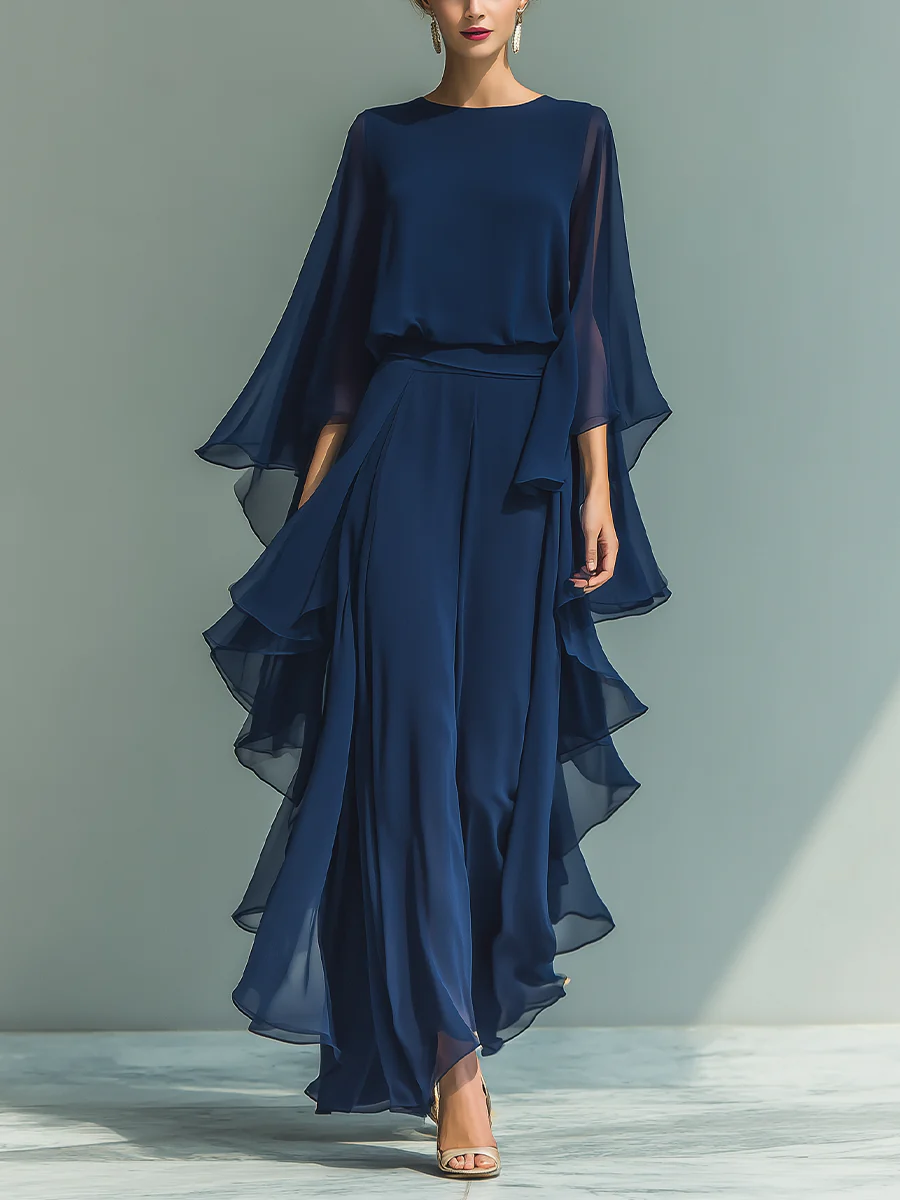 Ensemble Femme Chiffon Fluide Manches Évasées Volants Élégante - PanierRoyale