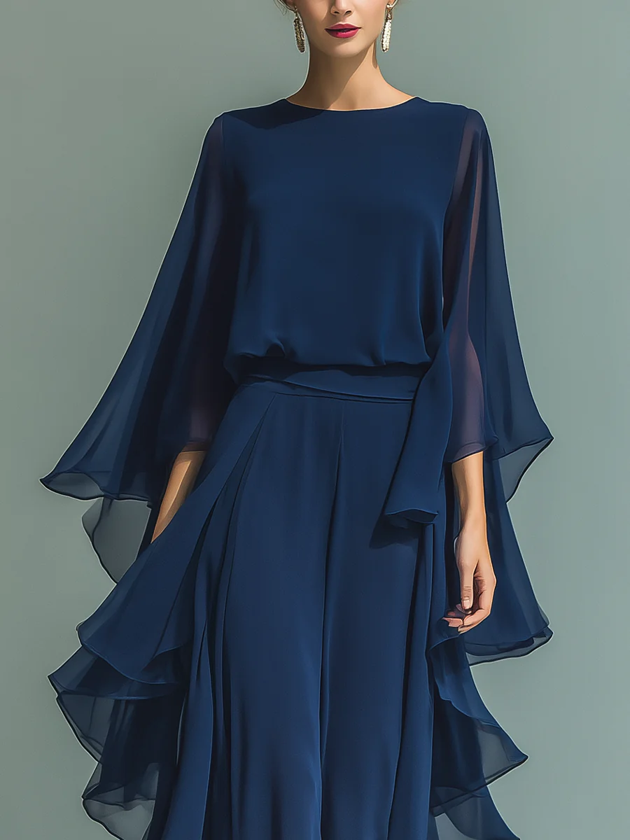 Ensemble Femme Chiffon Fluide Manches Évasées Volants Élégante