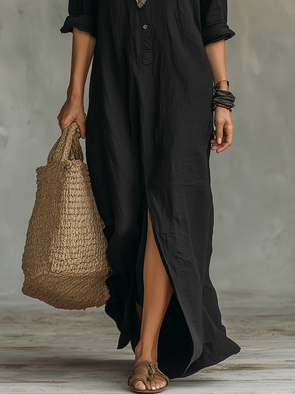 Robe Longue Femme Fluide Boutonnée Col Chemise