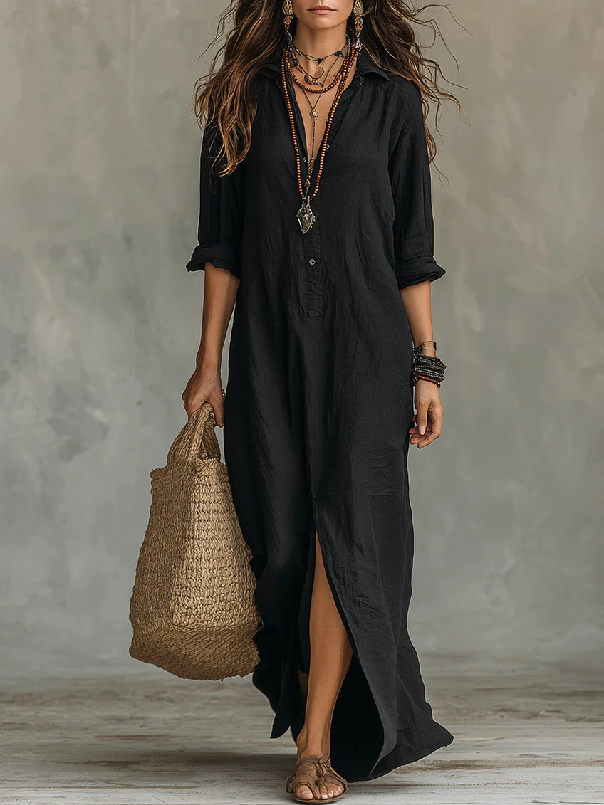 Robe Longue Femme Fluide Boutonnée Col Chemise - PanierRoyale