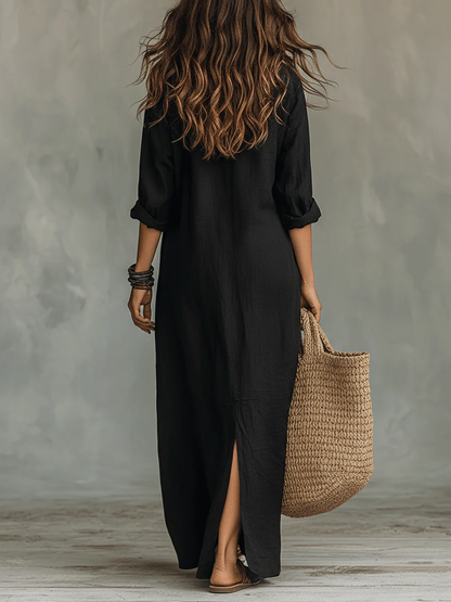 Robe Longue Femme Fluide Boutonnée Col Chemise