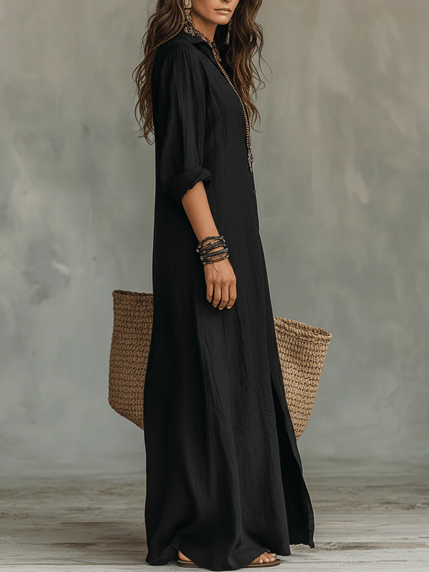 Robe Longue Femme Fluide Boutonnée Col Chemise