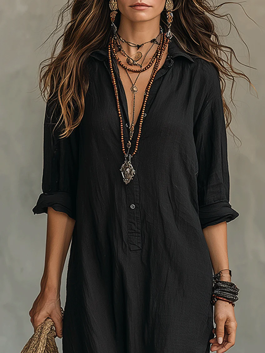 Robe Longue Femme Fluide Boutonnée Col Chemise