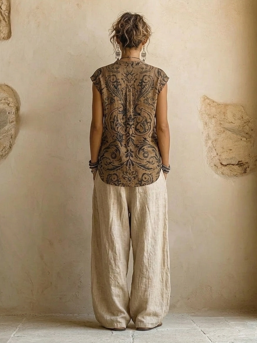 Ensemble Femme Lin Coton Imprimé Cardigan Pantalon Large